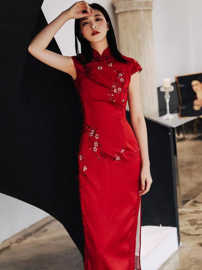 Embroidered Wedding Qipao / Cheongsam Maxi Dress with Lace Trim