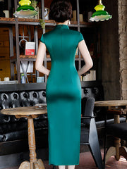 Dark Green Embroidered Long Qipao / Cheongsam Dress