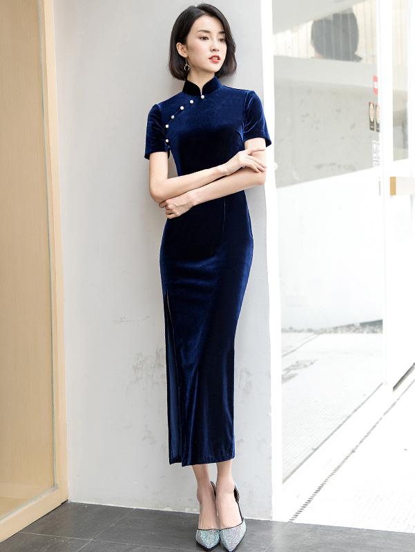 Thigh Split Velvet Modern Qipao / Cheongsam Maxi Dress