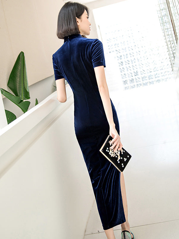Thigh Split Velvet Modern Qipao / Cheongsam Maxi Dress