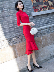 Tea Length Lace Winter Qipao / Cheongsam Dress with Pep Hem