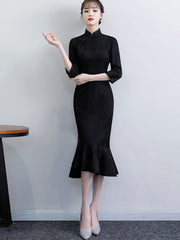 Tea Length Lace Winter Qipao / Cheongsam Dress with Pep Hem