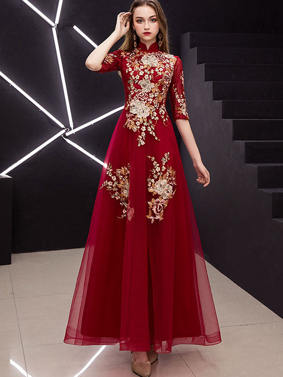 Red Embroidered Tulle Long Qipao / Cheongsam Maxi Dress
