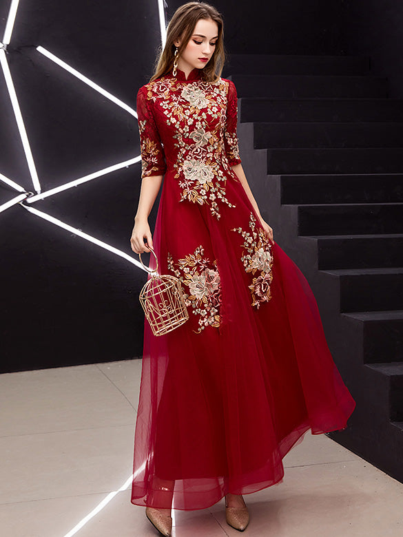 Red Embroidered Tulle Long Qipao / Cheongsam Maxi Dress