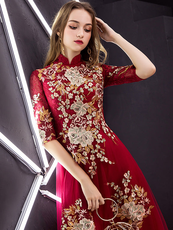 Red Embroidered Tulle Long Qipao / Cheongsam Maxi Dress