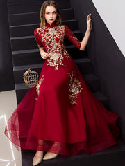 Red Embroidered Tulle Long Qipao / Cheongsam Maxi Dress