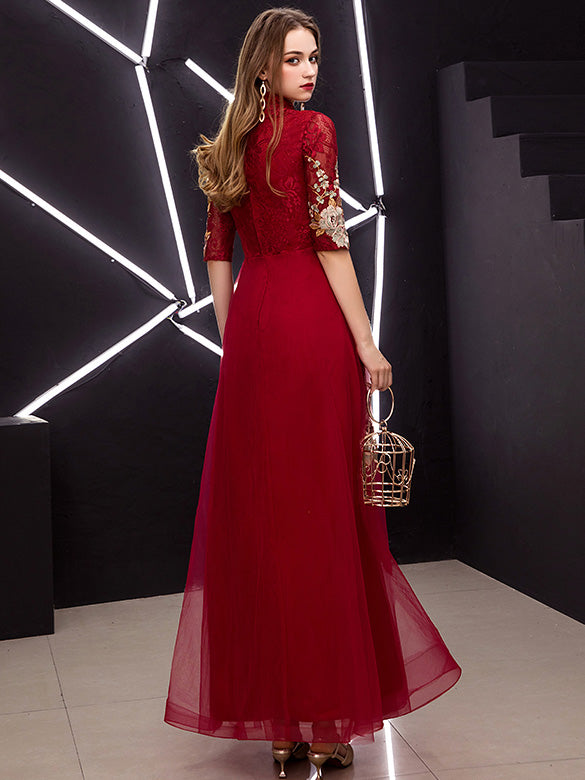 Red Embroidered Tulle Long Qipao / Cheongsam Maxi Dress