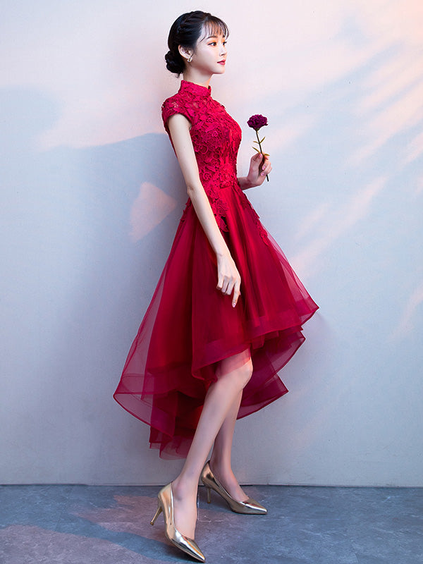 Red High Low Hem Lace Qipao / Cheongsam Party Dress