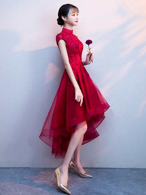 Red High Low Hem Lace Qipao / Cheongsam Party Dress - IMALLURE – imallure