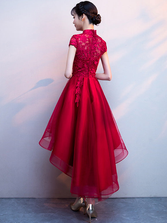 Red High Low Hem Lace Qipao / Cheongsam Party Dress