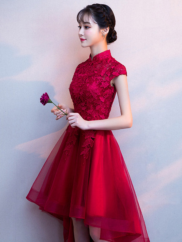 Red High Low Hem Lace Qipao / Cheongsam Party Dress
