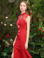 Red Embroidered Thigh Split Qipao / Cheongsam Wedding Dress