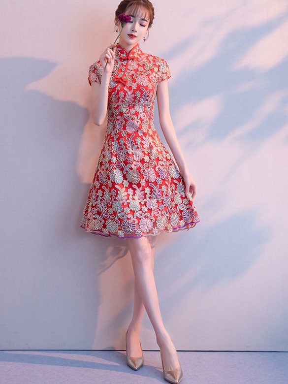 Woven Floral A-Line Short Qipao / Cheongsam Party Dress