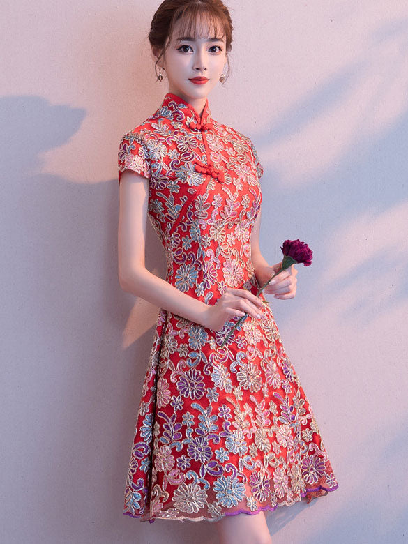 Woven Floral A-Line Short Qipao / Cheongsam Party Dress