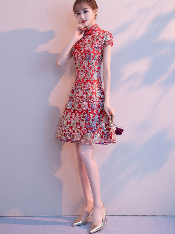 Woven Floral A-Line Short Qipao / Cheongsam Party Dress