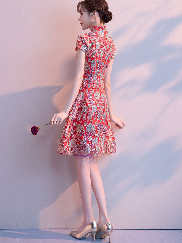Woven Floral A-Line Short Qipao / Cheongsam Party Dress