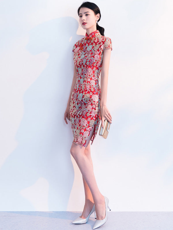 Red Woven Floral Midi Qipao / Cheongsam Wedding Dress