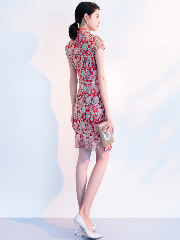 Red Woven Floral Midi Qipao / Cheongsam Wedding Dress