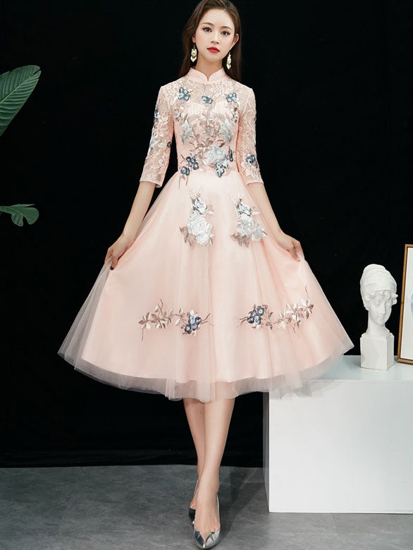 Bridesmaid Pink Floral Midi Tulle Qipao / Cheongsam Dress