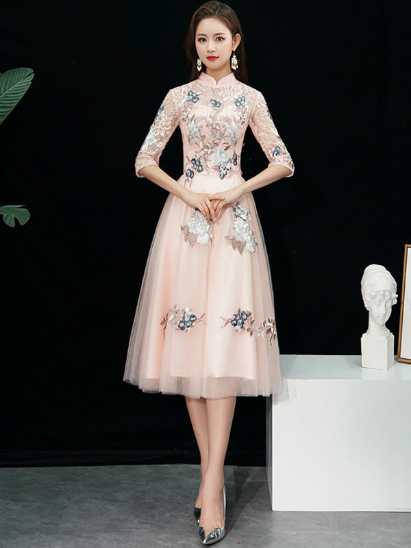 Bridesmaid Pink Floral Midi Tulle Qipao / Cheongsam Dress