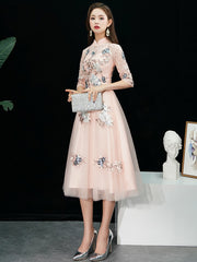 Bridesmaid Pink Floral Midi Tulle Qipao / Cheongsam Dress