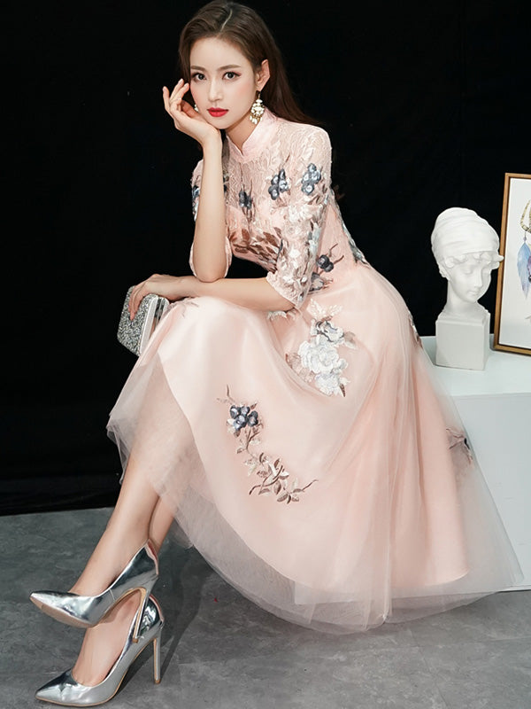 Bridesmaid Pink Floral Midi Tulle Qipao / Cheongsam Dress