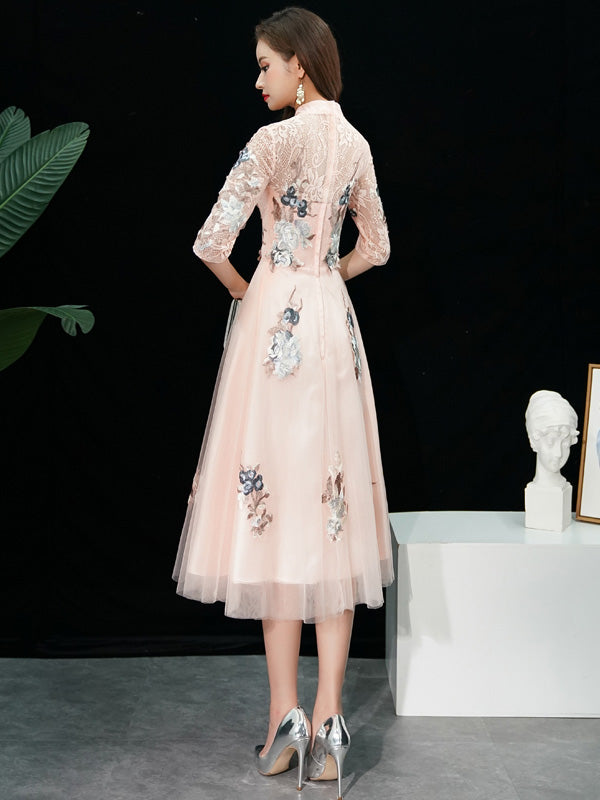 Bridesmaid Pink Floral Midi Tulle Qipao / Cheongsam Dress