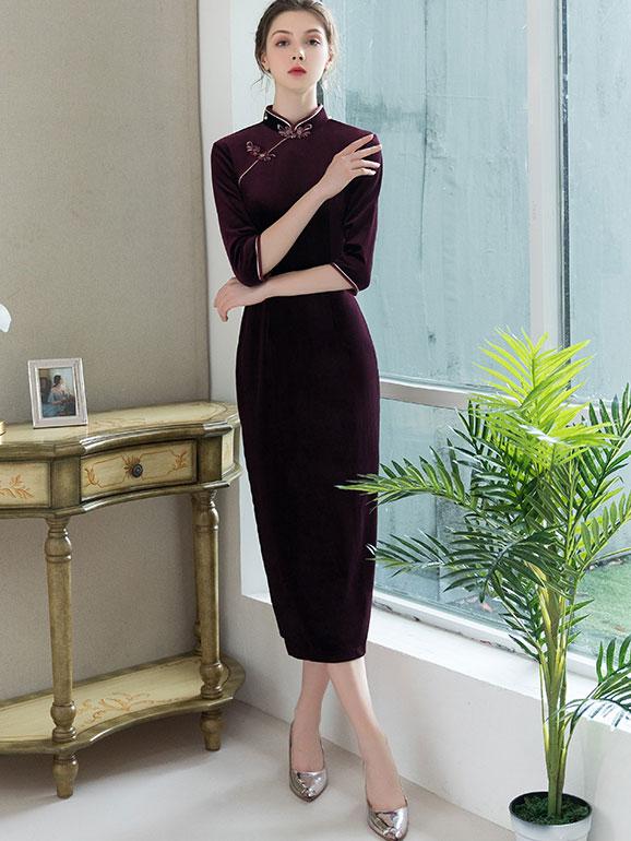Mother's Velvet Full-Length Qipao / Cheongsam Dress