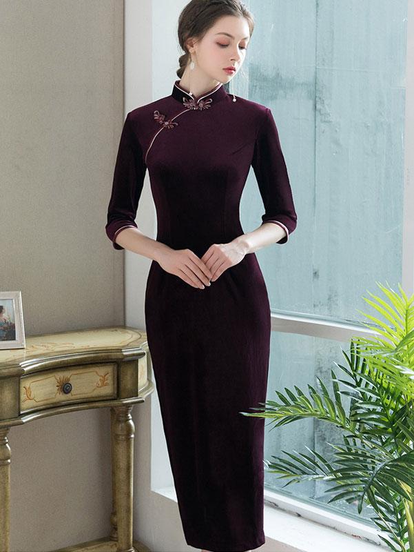 Mother's Velvet Full-Length Qipao / Cheongsam Dress