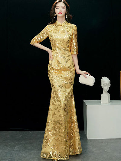 Gold Sequins Fishtail Qipao / Cheongsam Evening Dress