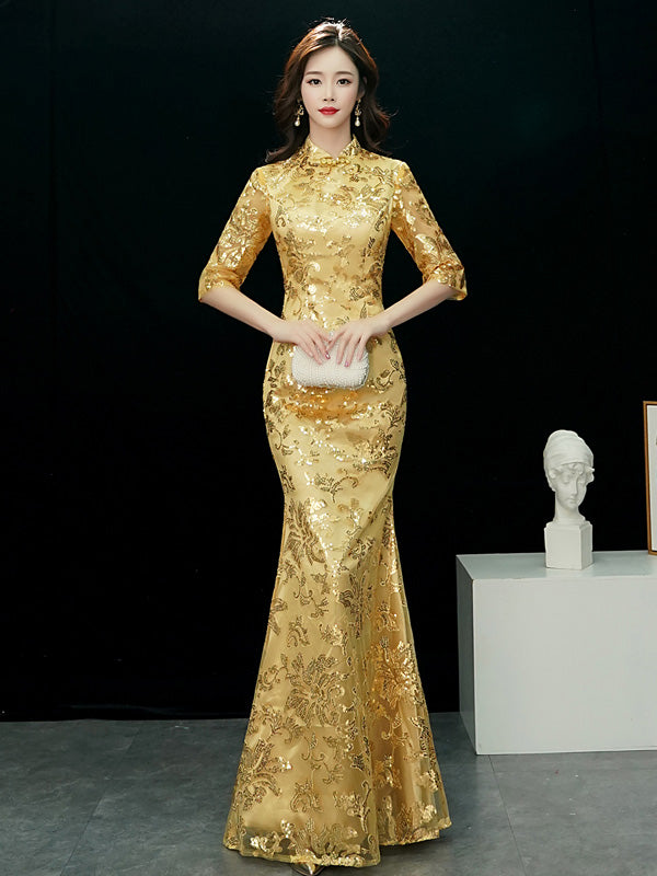 Gold Sequins Fishtail Qipao / Cheongsam Evening Dress