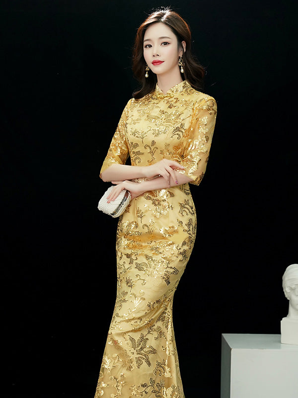 Gold Sequins Fishtail Qipao / Cheongsam Evening Dress
