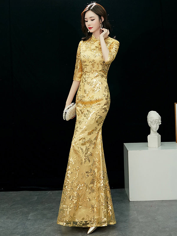 Gold Sequins Fishtail Qipao / Cheongsam Evening Dress