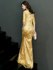Gold Sequins Fishtail Qipao / Cheongsam Evening Dress