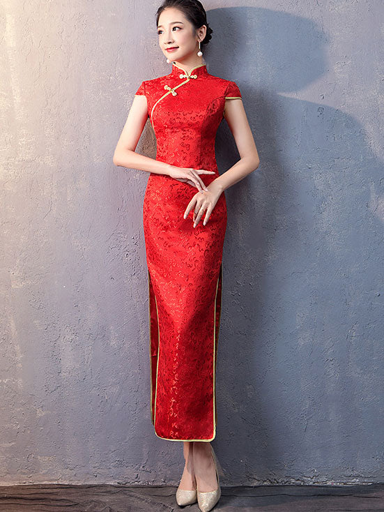 Red Floral Brocade Long Qipao / Cheongsam Wedding Dress