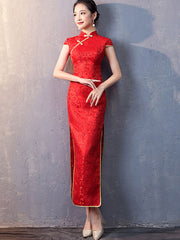 Red Floral Brocade Long Qipao / Cheongsam Wedding Dress