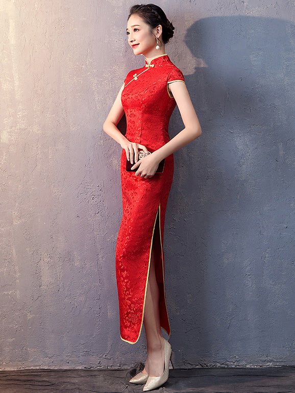 Red Floral Brocade Long Qipao / Cheongsam Wedding Dress