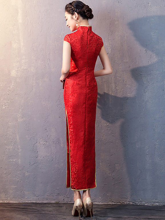 Red Floral Brocade Long Qipao / Cheongsam Wedding Dress