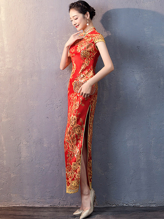 Red Blue Sequins Traditional Qipao / Cheongsam Wedding Dress