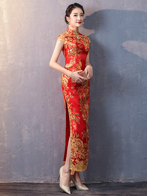 Red Blue Sequins Traditional Qipao / Cheongsam Wedding Dress