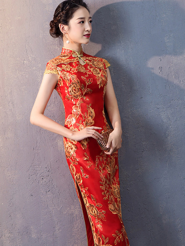 Red Blue Sequins Traditional Qipao / Cheongsam Wedding Dress