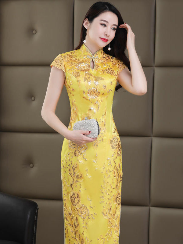 Gold Sequined Long Qipao / Cheongsam Evening Dress