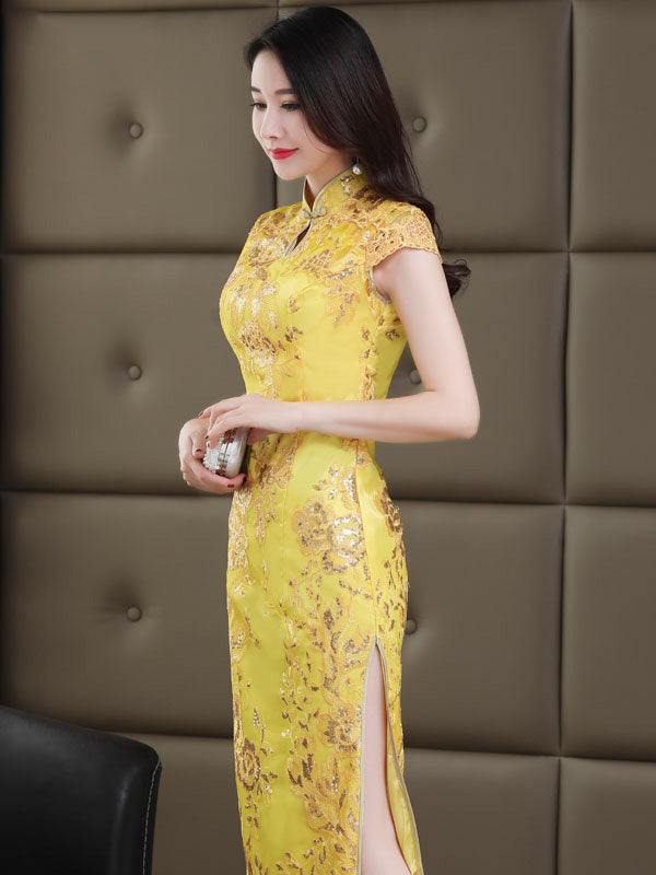 Gold Sequined Long Qipao / Cheongsam Evening Dress