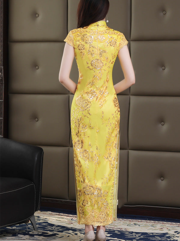 Gold Sequined Long Qipao / Cheongsam Evening Dress
