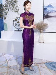 Purple Blue Sequin Maxi Qipao / Cheongsam Evening Dress