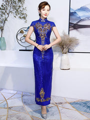 Purple Blue Sequin Maxi Qipao / Cheongsam Evening Dress