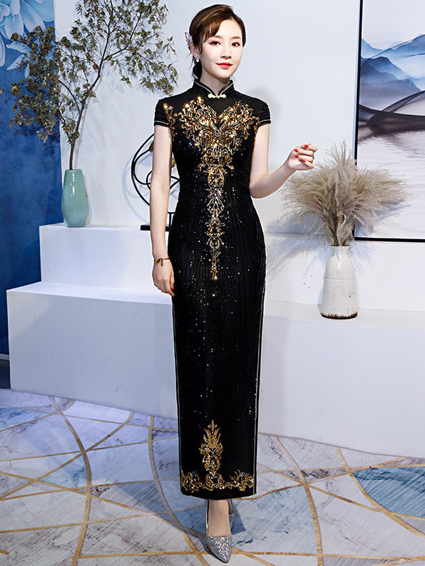 Black Red Sequin Maxi Qipao / Cheongsam Evening Dress