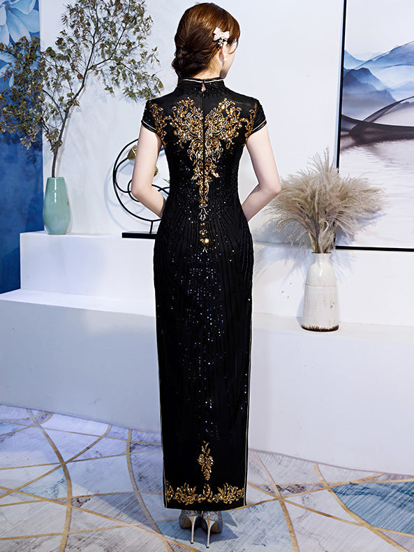 Black Red Sequin Maxi Qipao / Cheongsam Evening Dress