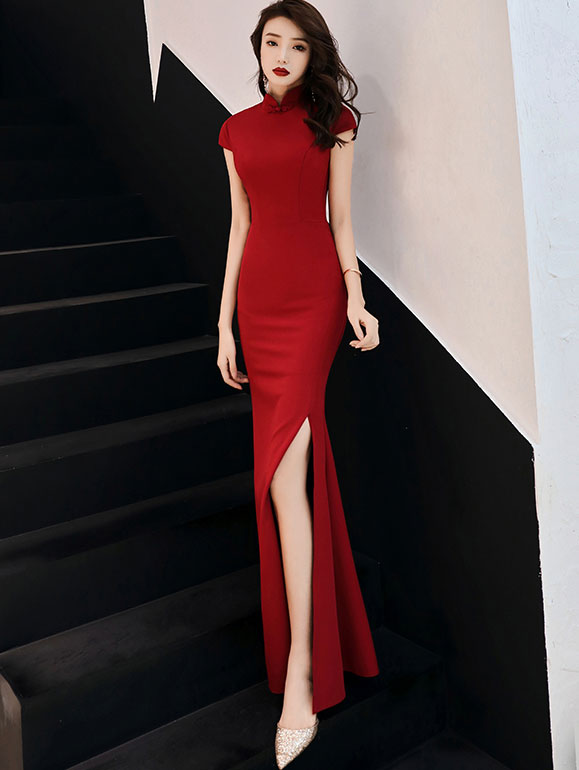 Burgundy Thigh Split Fishtail Qipao / Cheongsam Party Dress