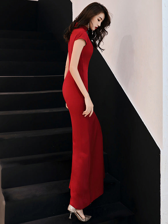 Burgundy Thigh Split Fishtail Qipao / Cheongsam Party Dress
